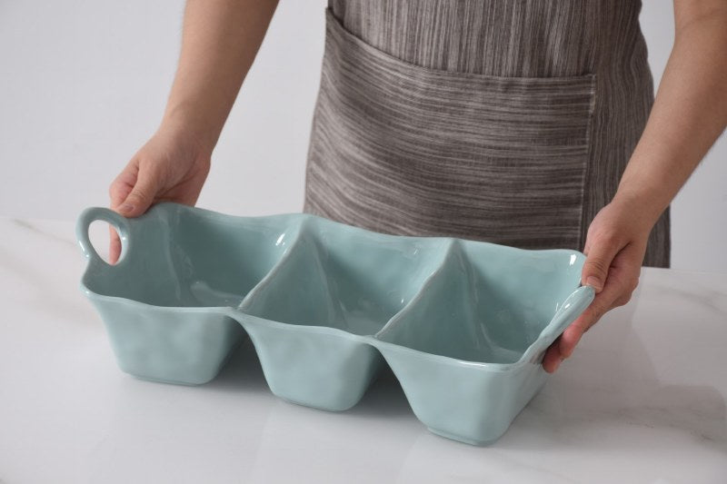Aqua Three‑Compartment Melamine Serving Tray